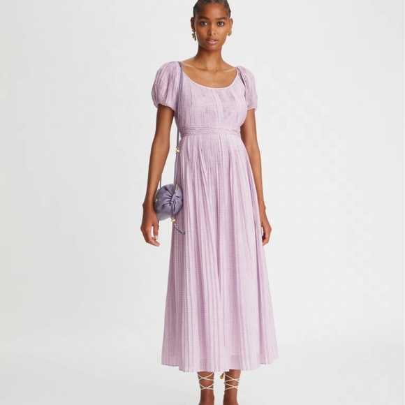 NEW Tory Burch Belted Pleated Checked Cotton And Silk Voile Maxi Dress - Picture 1 of 11